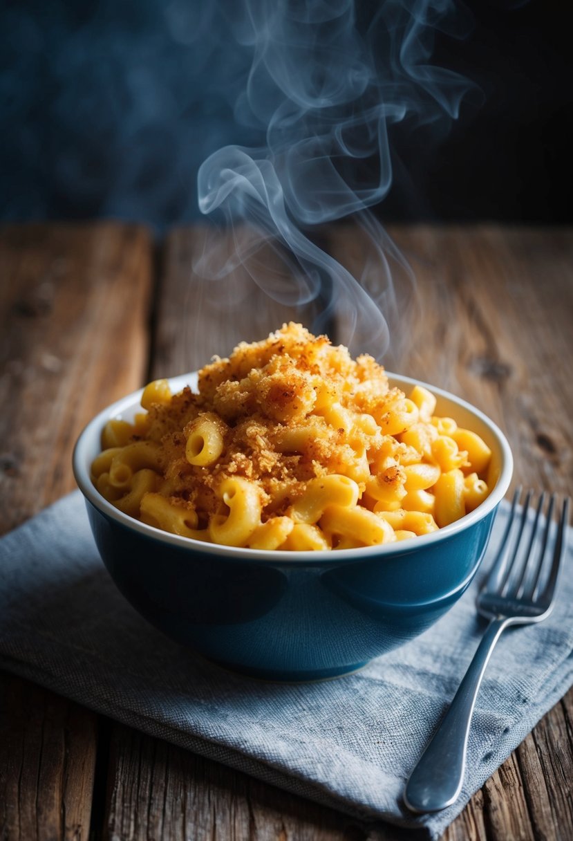 A steaming bowl of classic mac and cheese, topped with golden breadcrumbs, sits on a rustic wooden table