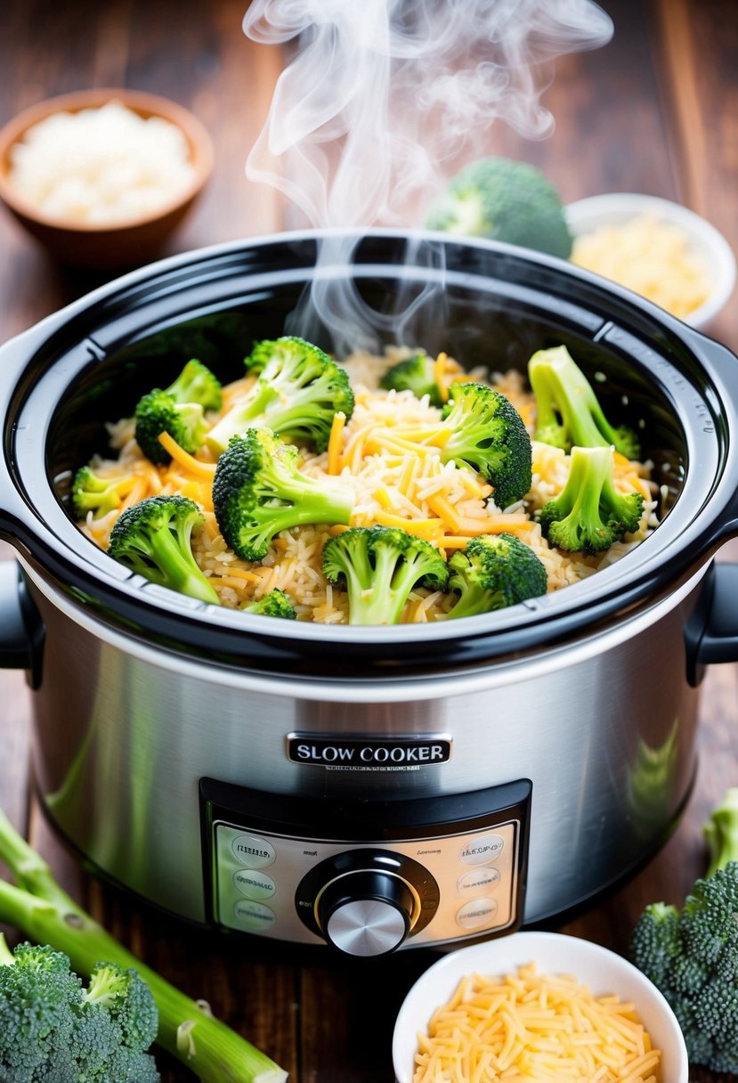 A slow cooker surrounded by fresh broccoli, rice, and cheese, with steam rising from the bubbling mixture