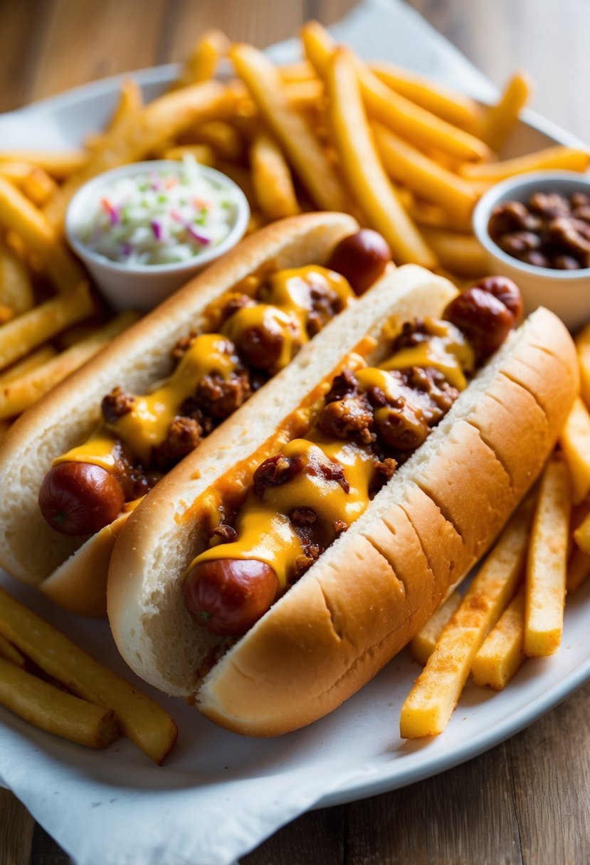 A platter of chili cheese dogs with crispy buns and melted cheese on top, surrounded by a side of golden-brown fries and a dollop of tangy coleslaw