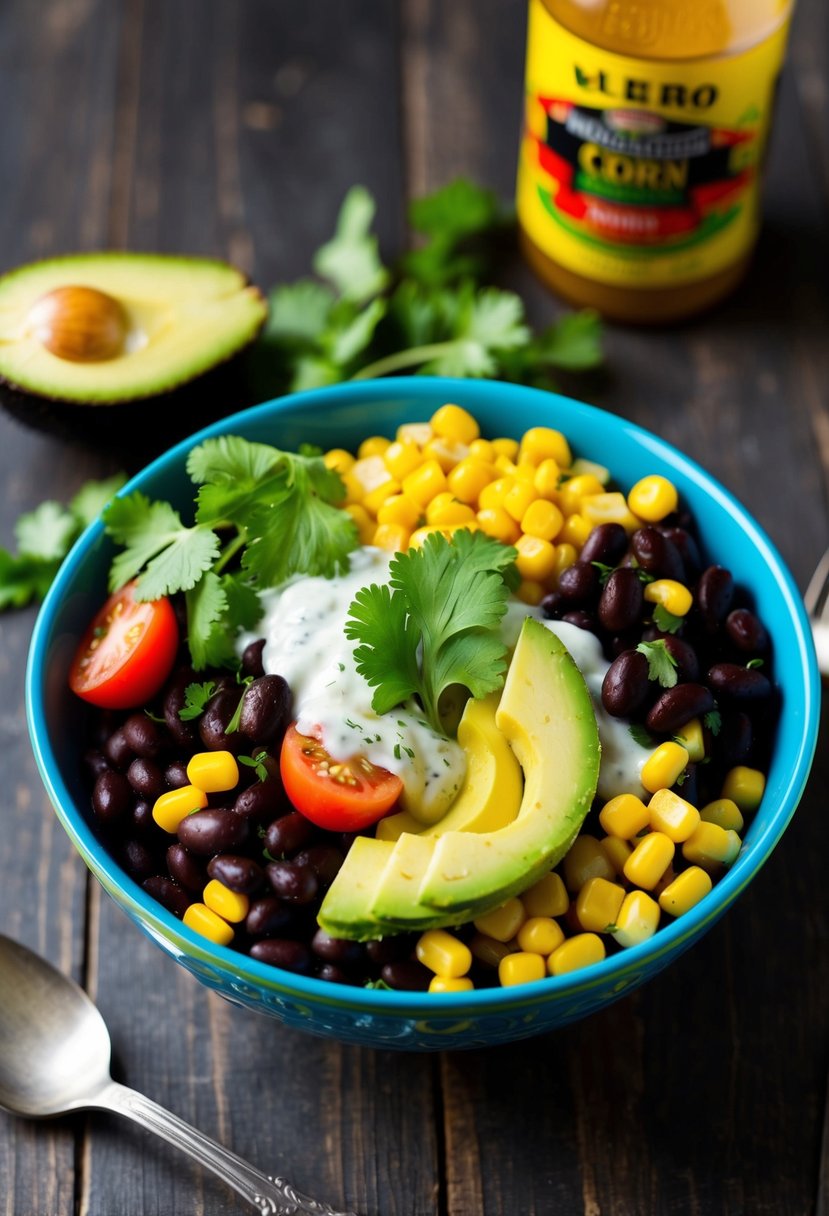 A colorful bowl filled with black beans, corn, tomatoes, and avocado, topped with cilantro and a zesty dressing