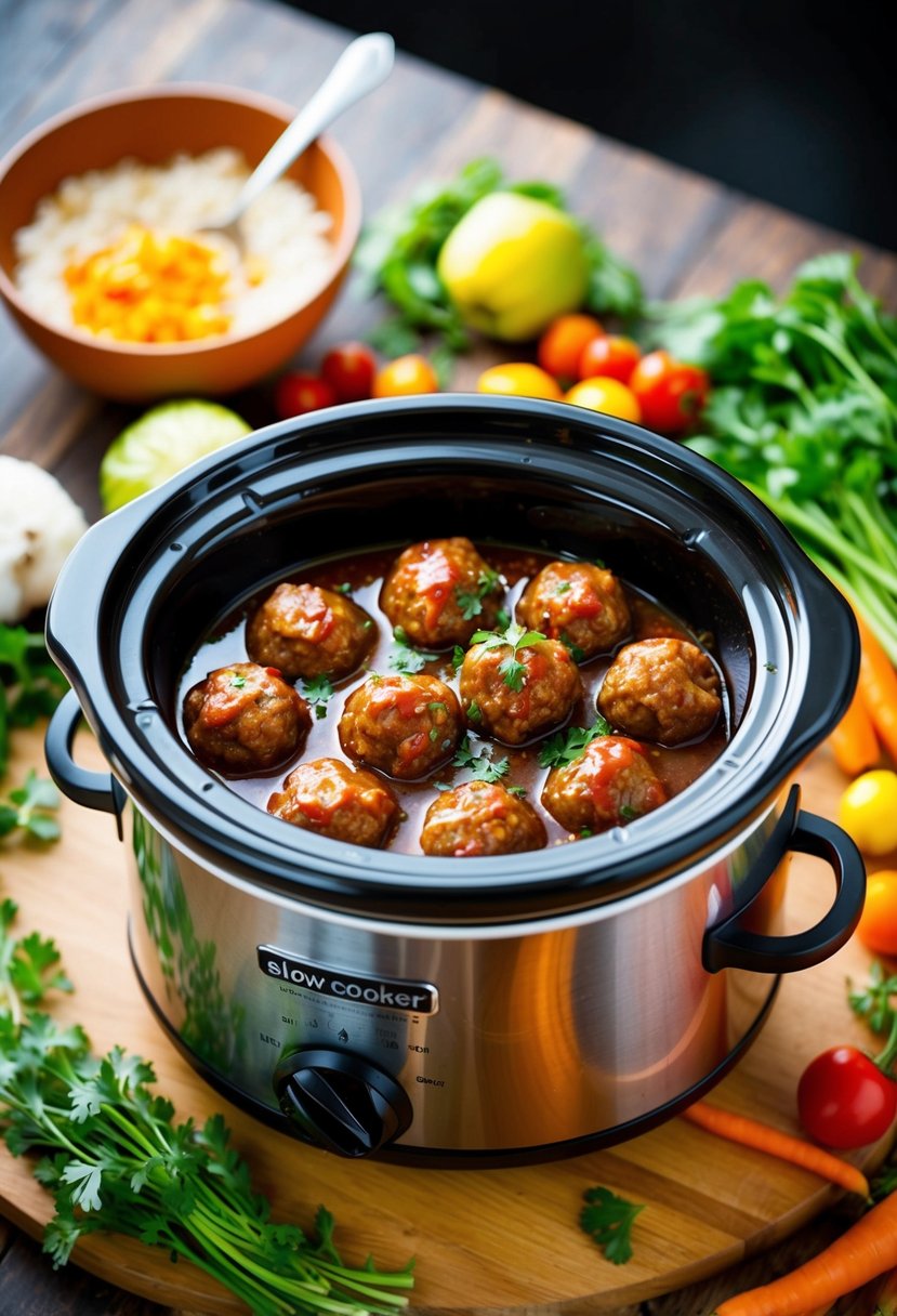 A slow cooker filled with sweet and sour meatballs simmering in a tangy sauce, surrounded by colorful vegetables and herbs