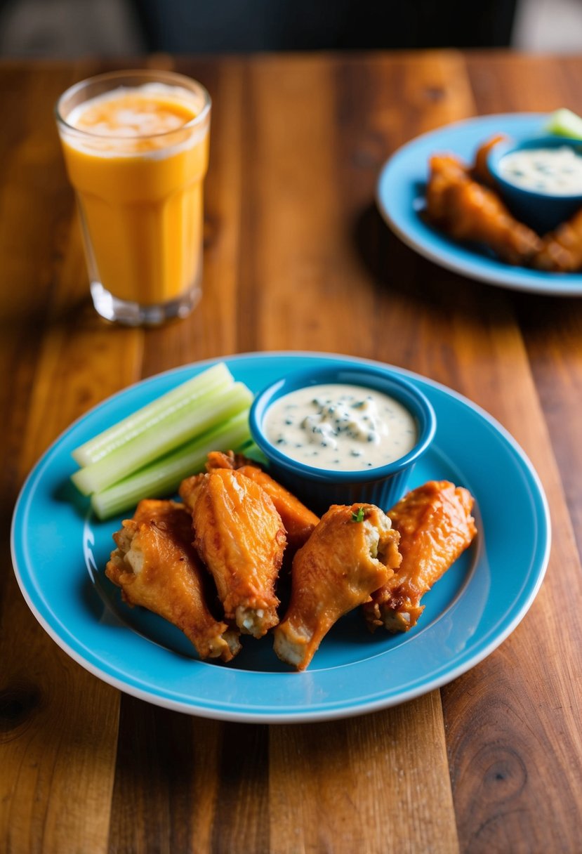 A plate of buffalo wings with celery and blue cheese dip on a wooden table