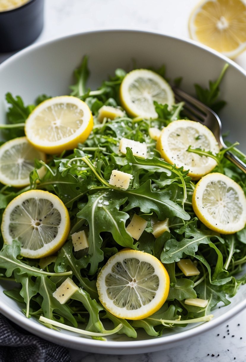 A bowl of arugula and Parmesan salad with lemon vinaigrette, garnished with freshly sliced lemon and a sprinkle of black pepper