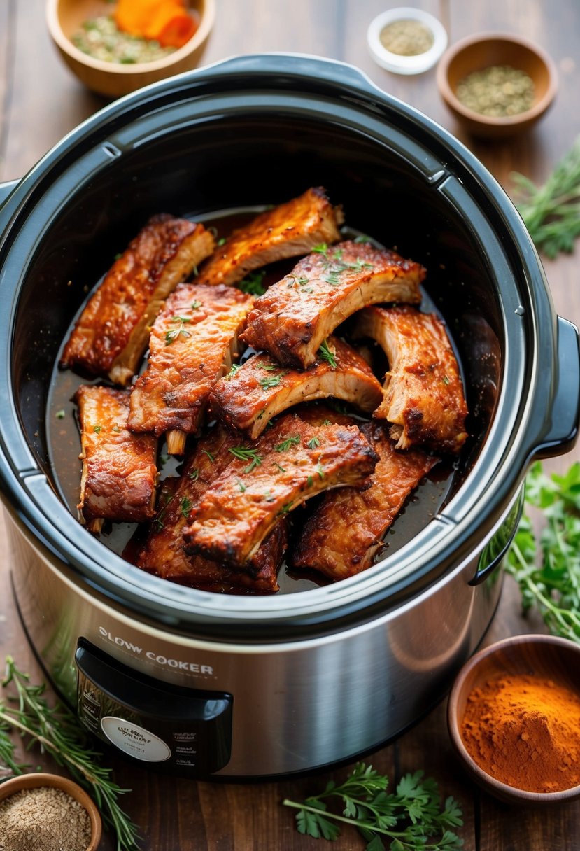 A slow cooker filled with tender BBQ ribs, surrounded by aromatic herbs and spices