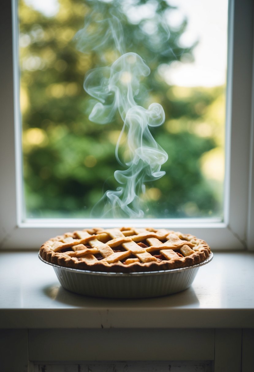 A rustic apple pie cooling on a windowsill, with a lattice crust and steam rising