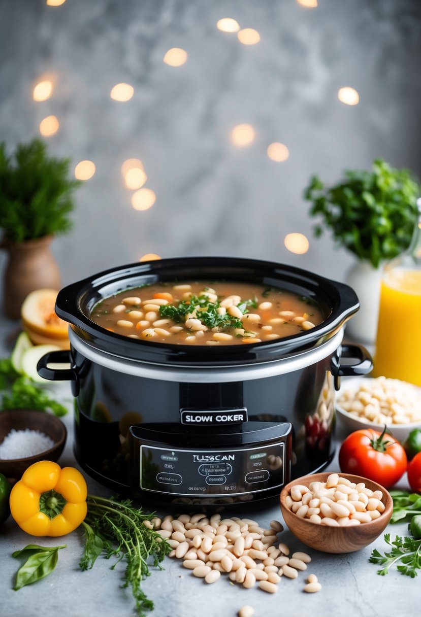 A slow cooker surrounded by fresh Tuscan white bean soup ingredients