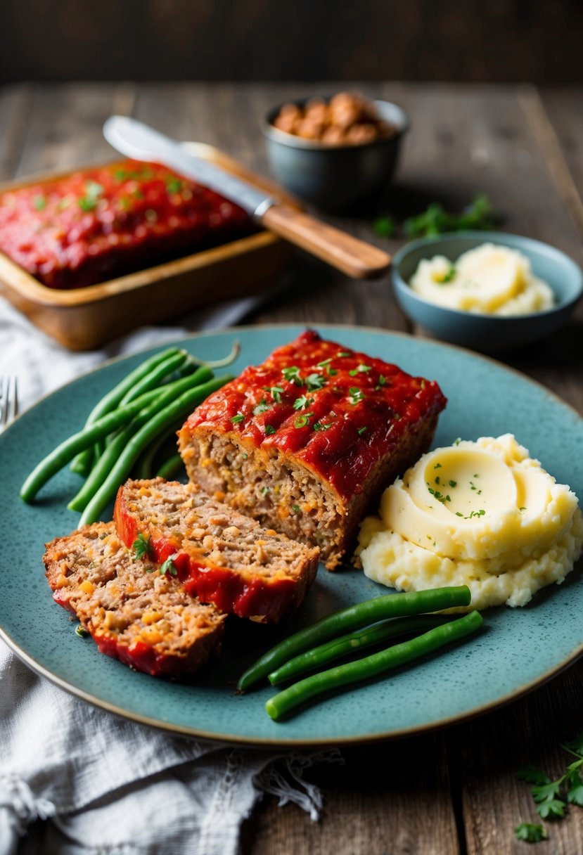 A platter of meatloaf, mashed potatoes, and green beans on a rustic wooden table