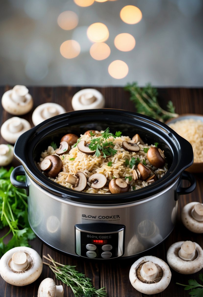 A slow cooker surrounded by fresh mushrooms, arborio rice, and savory herbs