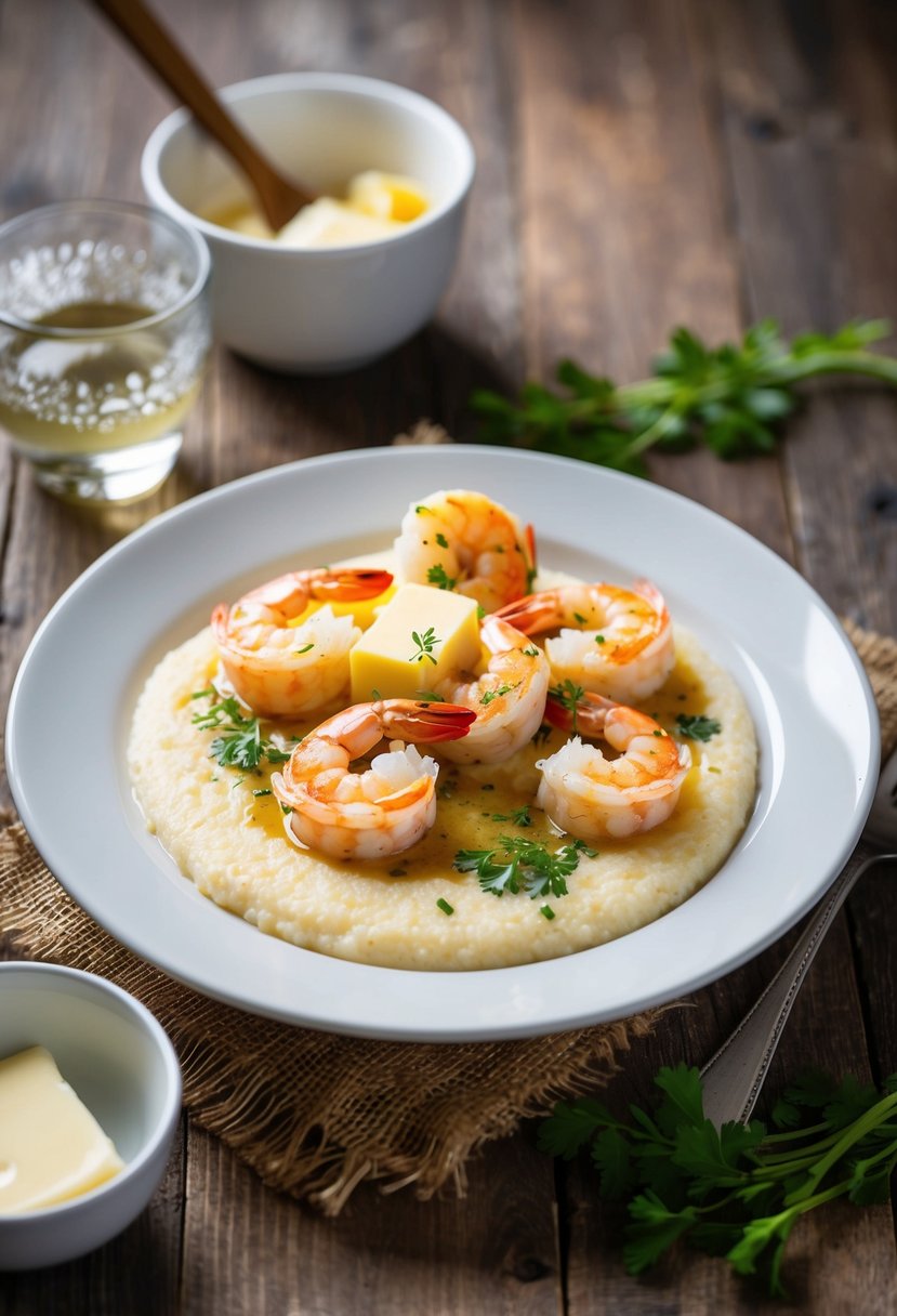 A steaming plate of shrimp and grits, garnished with fresh herbs, sits on a rustic wooden table. A pat of butter melts into the creamy grits, while plump shrimp are nestled on top