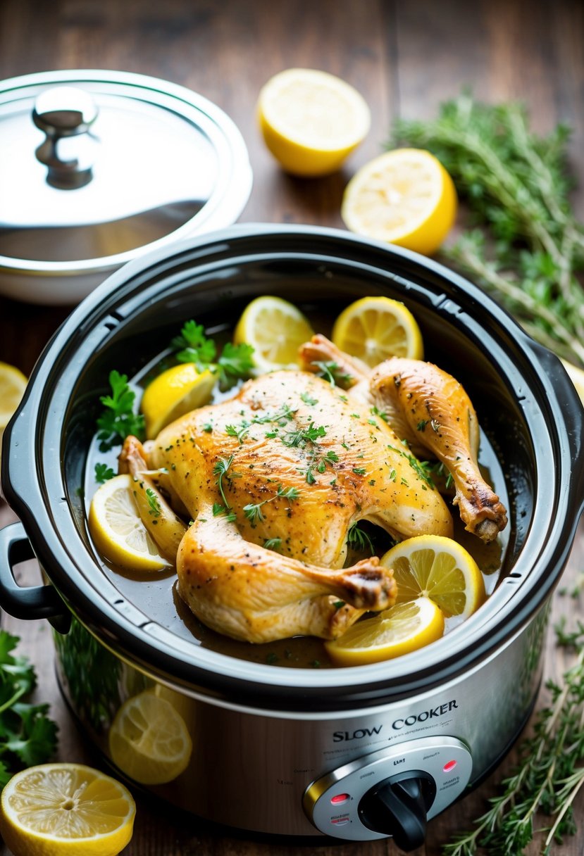 A slow cooker filled with lemon herb chicken surrounded by fresh herbs and sliced lemons