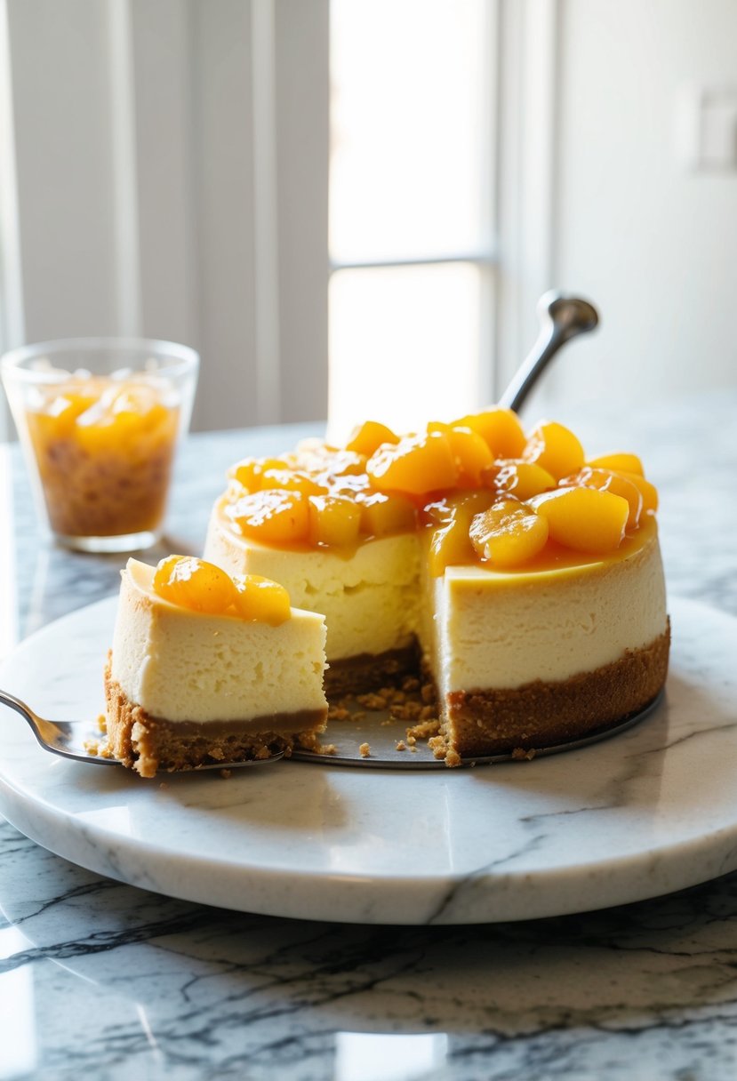 A classic New York cheesecake sits on a marble countertop, topped with a layer of glistening fruit compote. A slice has been removed, revealing the creamy texture and crumbly graham cracker crust