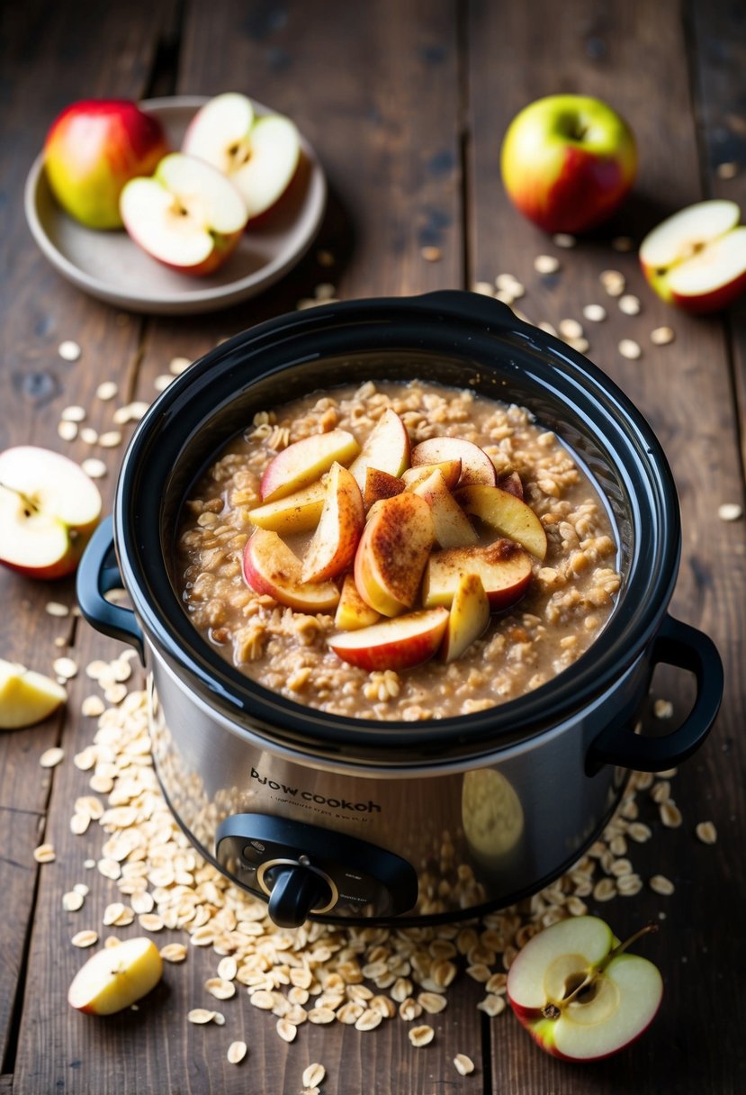 A slow cooker filled with bubbling cinnamon apple oatmeal, surrounded by scattered oats and sliced apples on a rustic wooden table