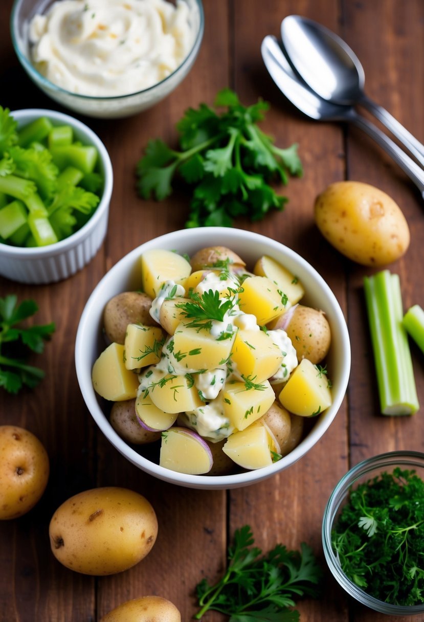 A bowl of potato salad surrounded by ingredients like potatoes, mayonnaise, celery, and herbs on a wooden table