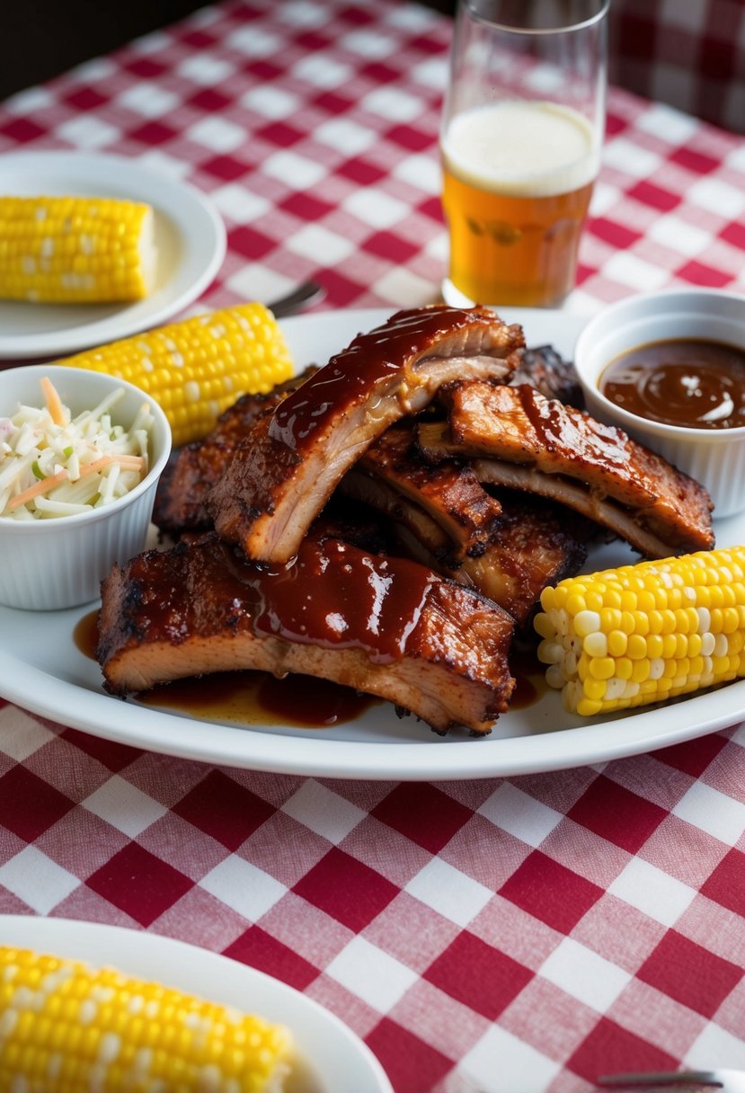 A platter of BBQ ribs, glistening with sauce, surrounded by corn on the cob and coleslaw, set on a checkered tablecloth