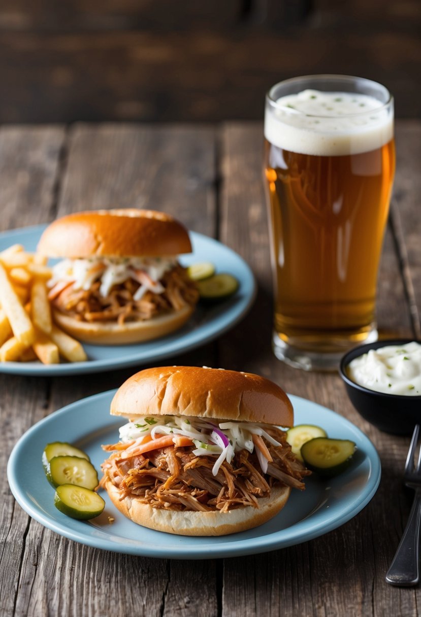 A rustic wooden table with a plate of pulled pork sandwiches, coleslaw, and pickles. A side of fries and a cold beer complete the classic American meal