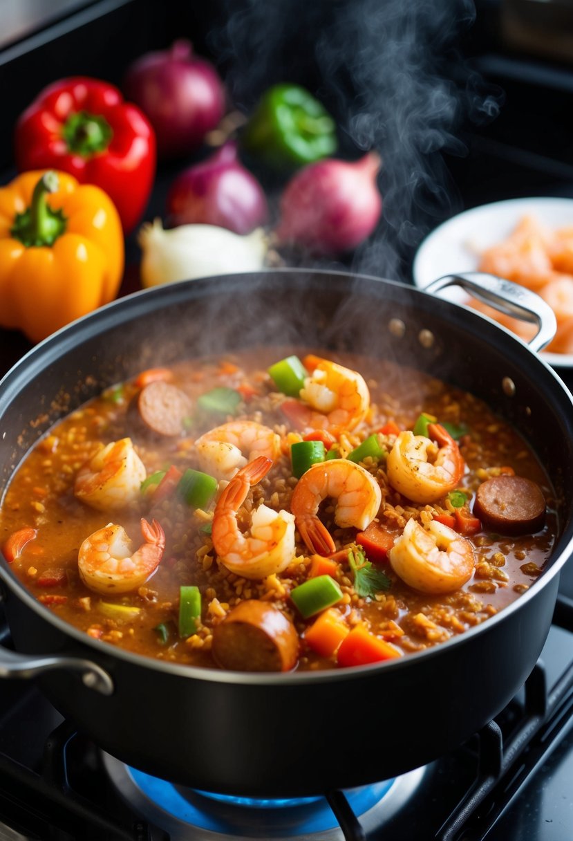 A steaming pot of jambalaya simmering on a stovetop, surrounded by colorful ingredients like bell peppers, onions, andouille sausage, and shrimp