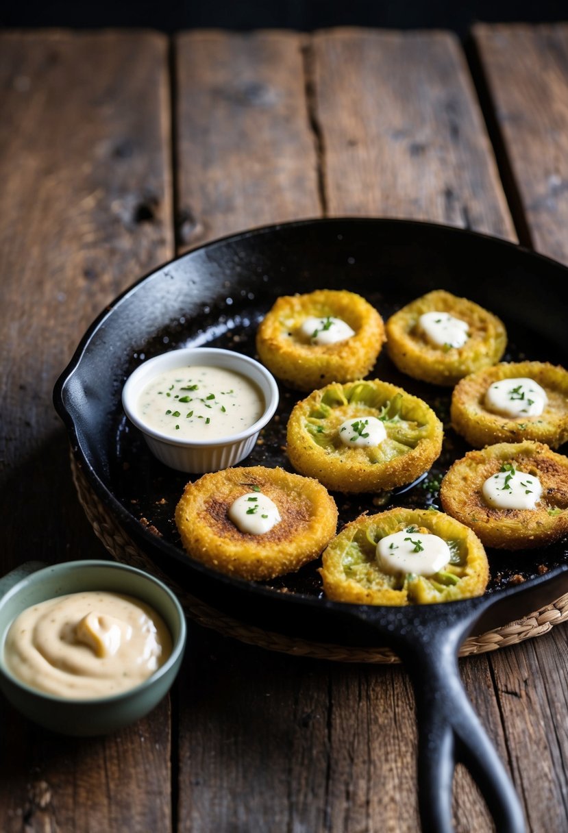 A sizzling skillet of fried green tomatoes with a side of creamy dipping sauce on a rustic wooden table