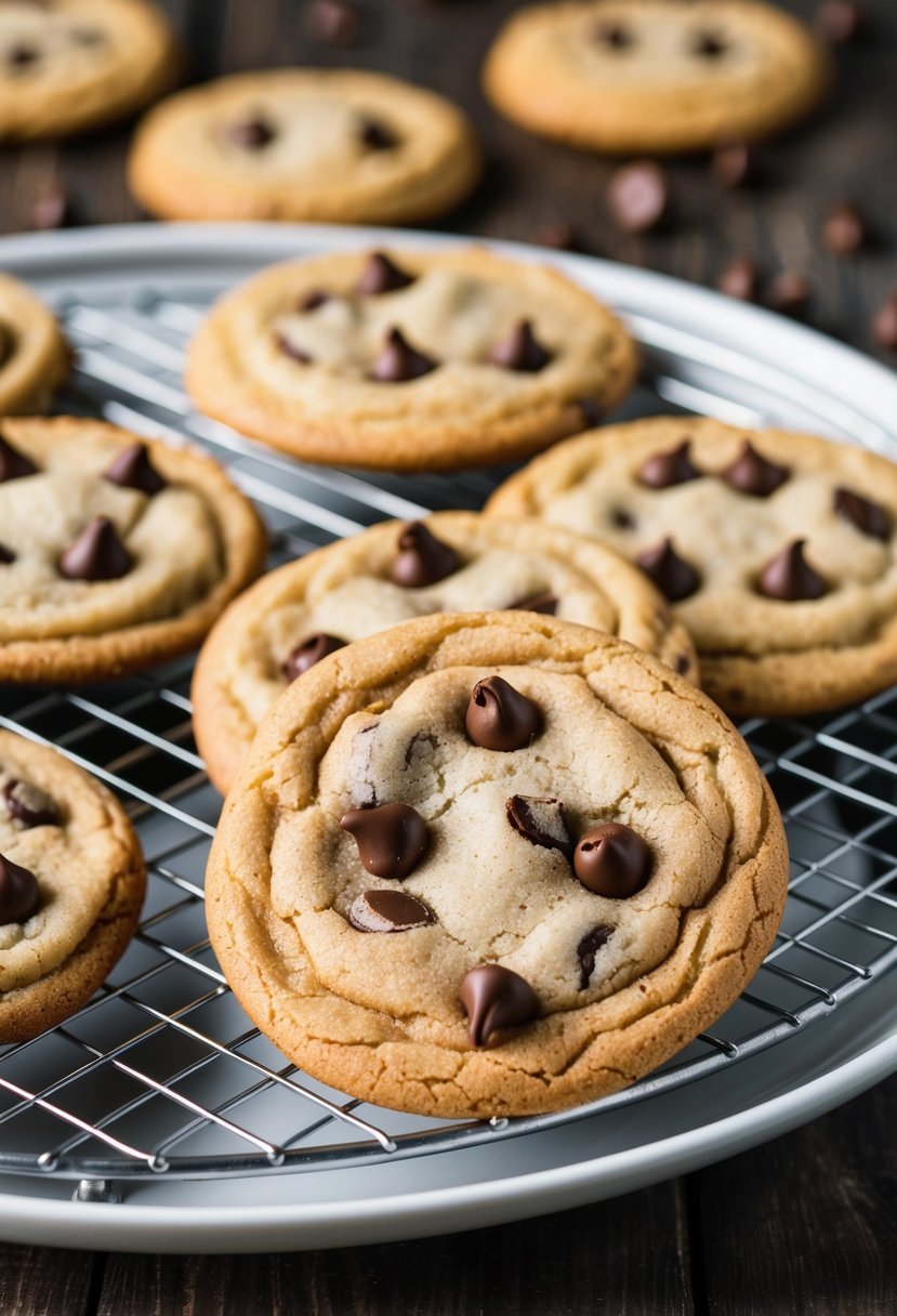 A plate of freshly baked chocolate chip cookies cooling on a wire rack