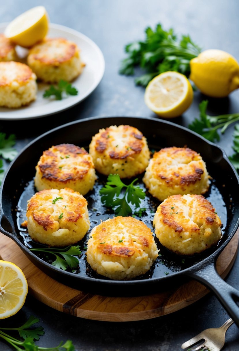 A sizzling skillet of golden brown crab cakes, surrounded by a garnish of fresh lemon wedges and sprigs of parsley