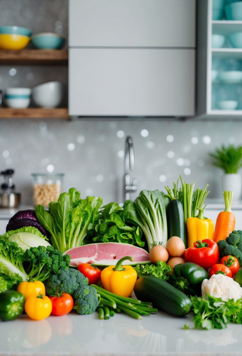 A colorful array of fresh vegetables, lean proteins, and healthy fats arranged on a clean, modern kitchen countertop