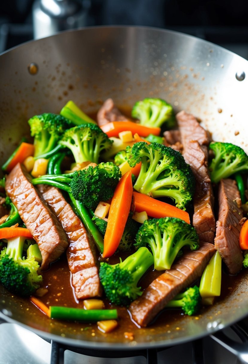 A sizzling wok filled with tender beef strips, vibrant green broccoli florets, and a medley of colorful vegetables, all bathed in a savory, glossy stir-fry sauce