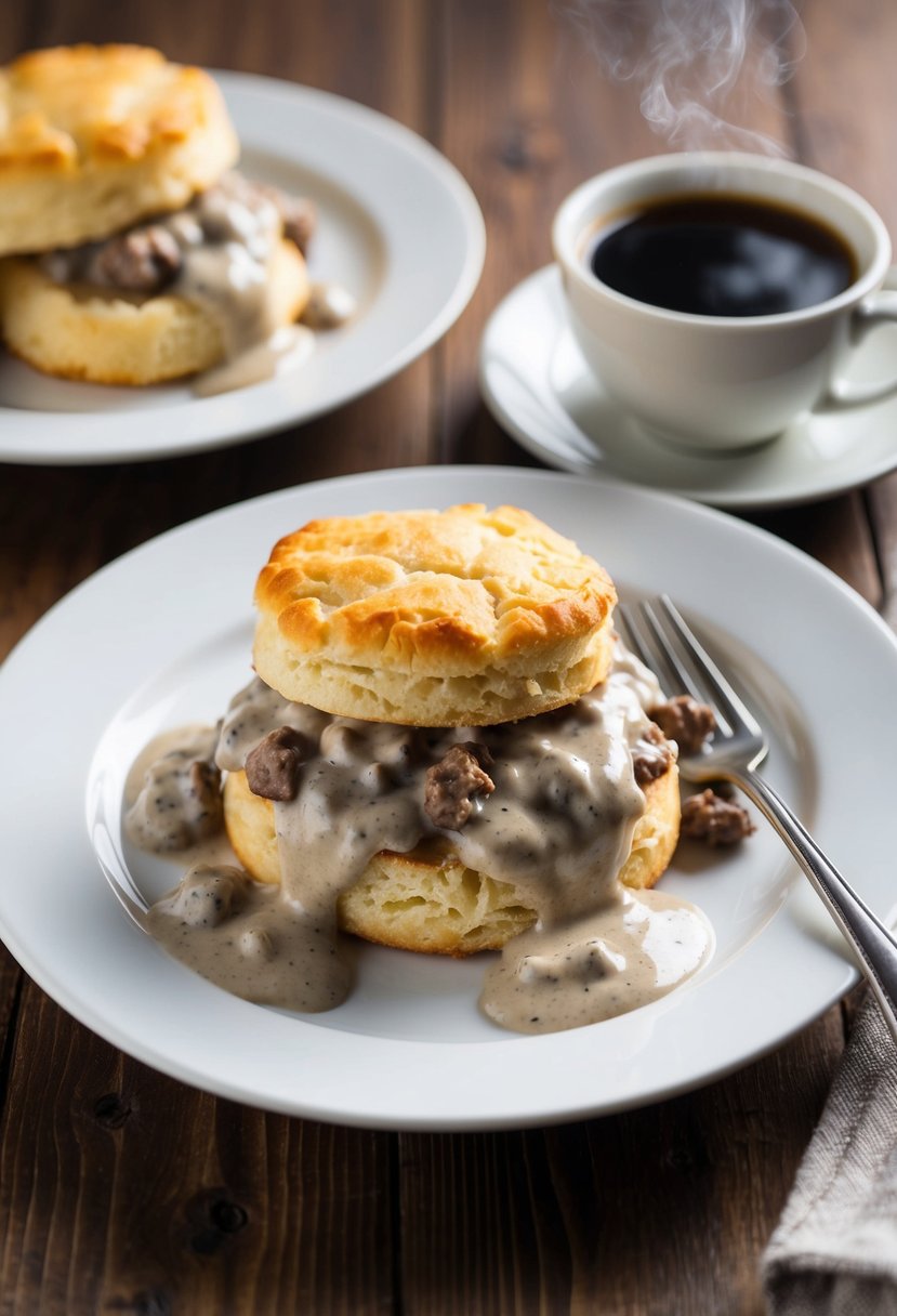 A plate of flaky, golden biscuits smothered in creamy sausage gravy, served alongside a steaming cup of coffee