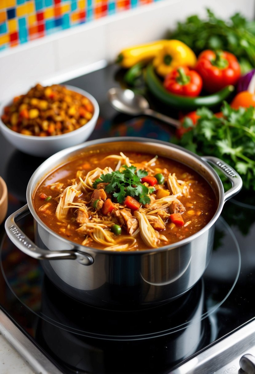 A pot of shredded chicken chili simmers on a stovetop, surrounded by colorful vegetables and spices