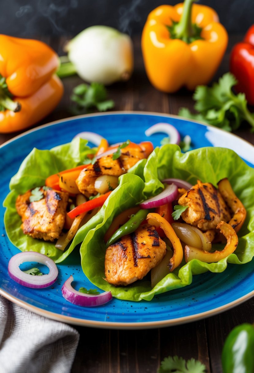 A sizzling grilled chicken fajita lettuce wrap surrounded by colorful bell peppers and onions on a vibrant plate