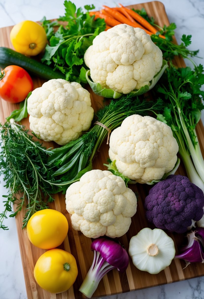 A colorful array of fresh cauliflower, vibrant herbs, and assorted keto-friendly vegetables arranged on a wooden cutting board