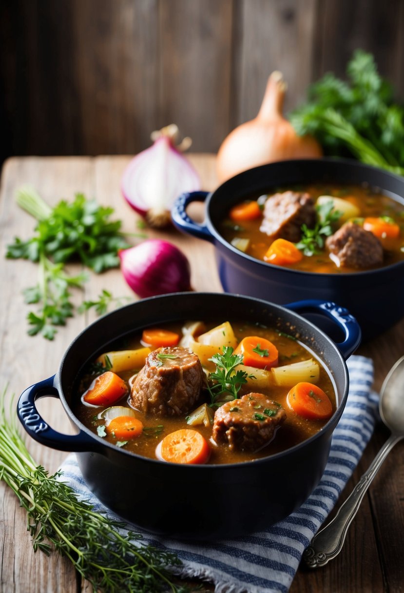 A simmering pot of oxtail stew with carrots, onions, and herbs