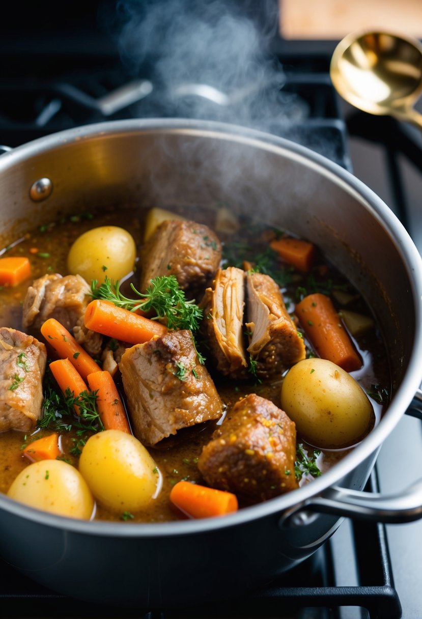 A pot of Jamaican Oxtail Stew simmers on a stovetop, filled with tender oxtail pieces, carrots, potatoes, and aromatic herbs and spices