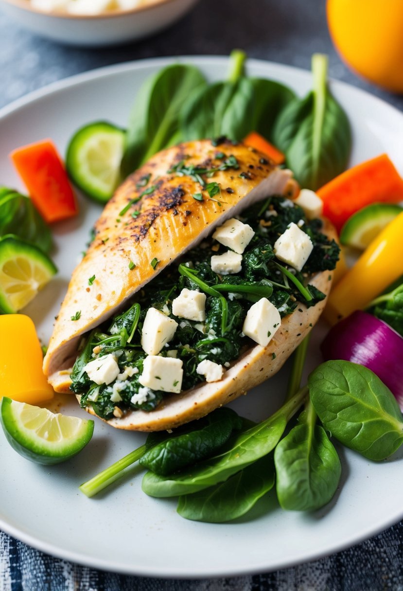 A chicken breast stuffed with spinach and feta, surrounded by colorful, fresh vegetables on a clean, modern plate