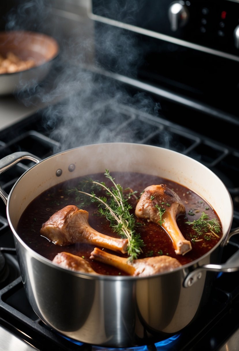 A large pot simmering on a stove, filled with oxtails, red wine, and aromatic herbs, releasing a rich, savory aroma