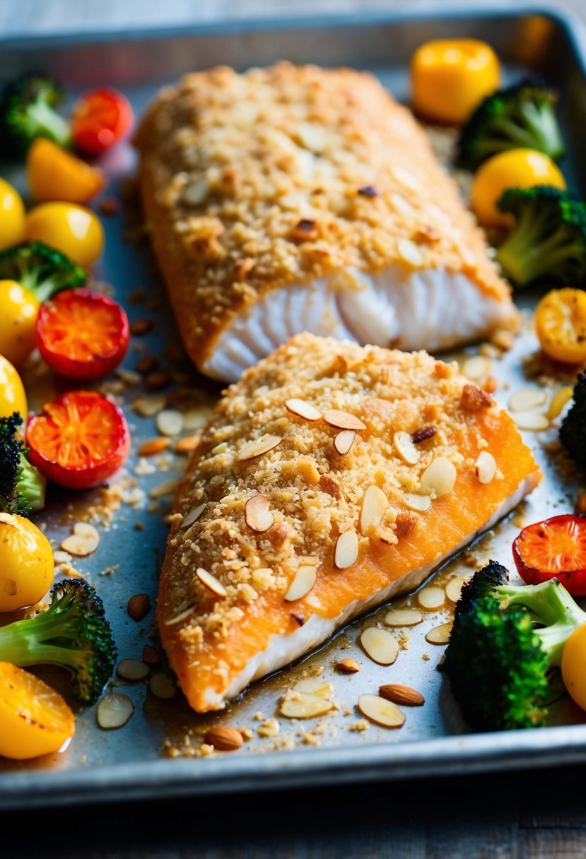 A golden-brown fish fillet coated in almond crust, surrounded by colorful roasted vegetables on a baking sheet