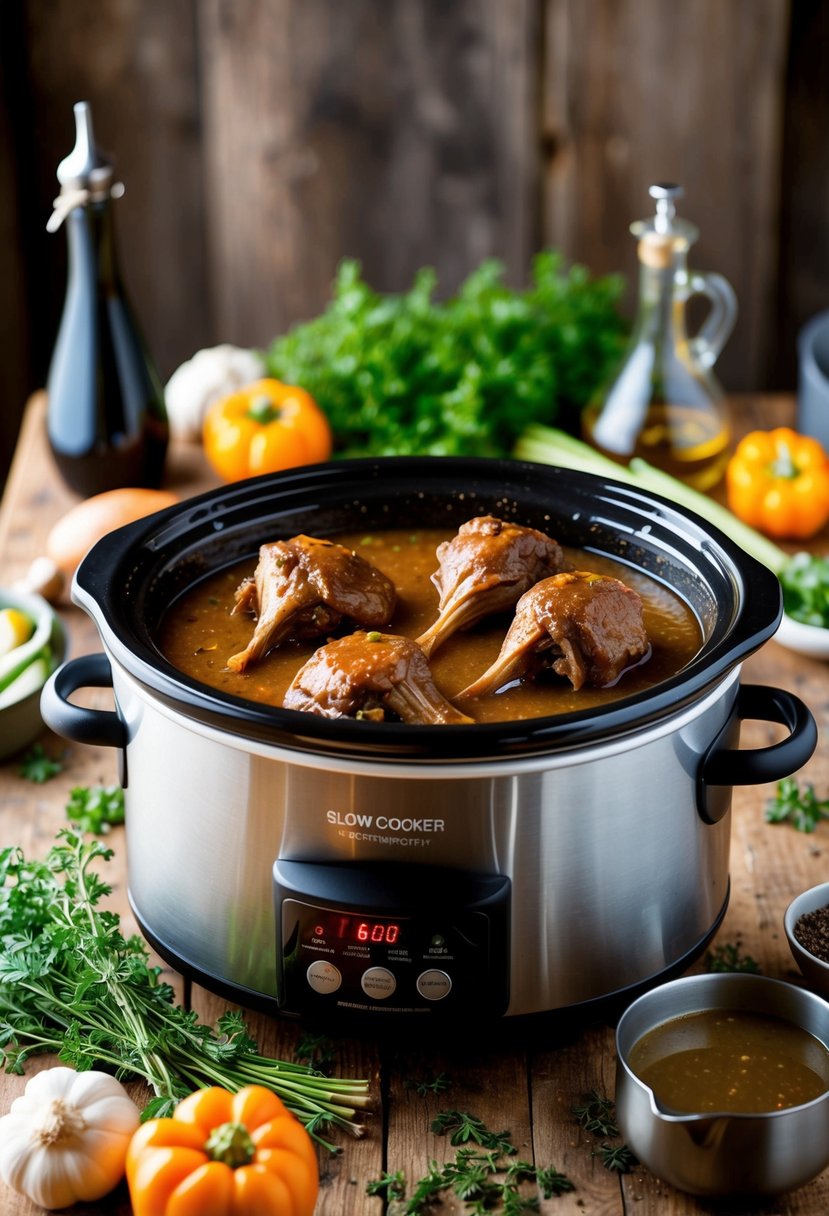 A rustic kitchen with a slow cooker filled with Southern style oxtails simmering in a savory gravy, surrounded by aromatic herbs and vegetables