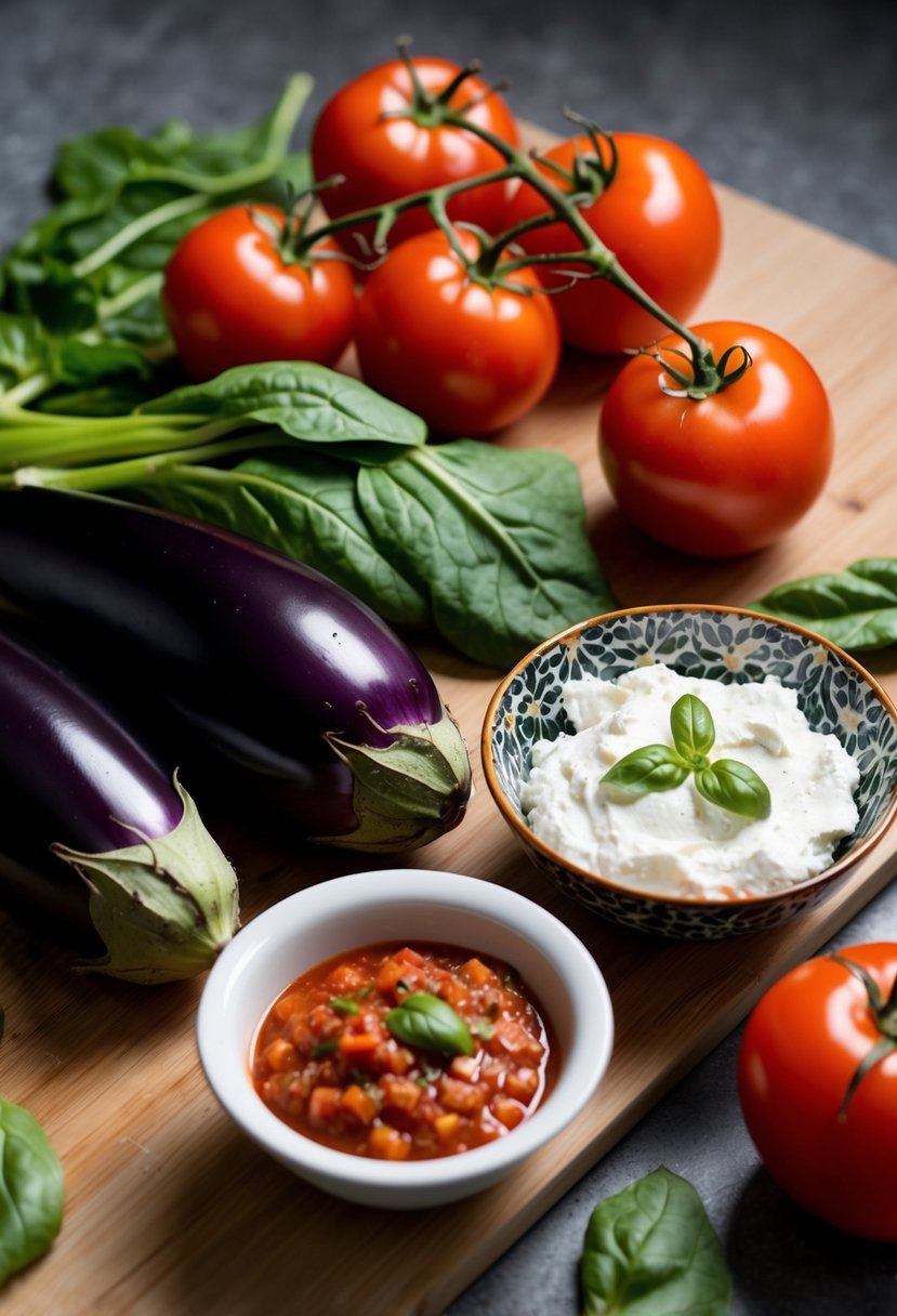 Fresh eggplants, tomatoes, and spinach arranged on a cutting board, with a bowl of ricotta cheese and a dish of marinara sauce nearby