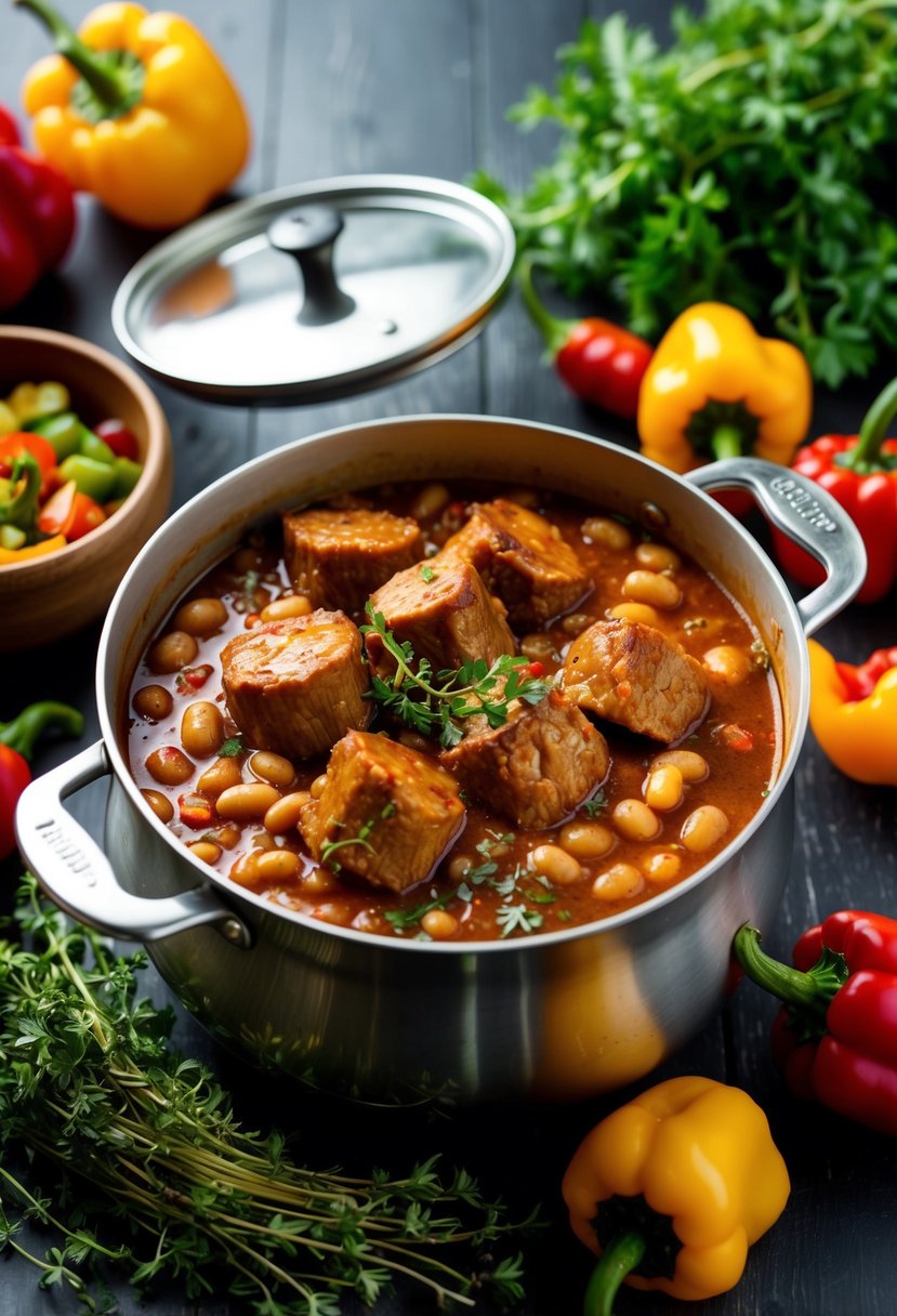 A bubbling pot of oxtail and beans simmering in a rich, spicy Caribbean sauce, surrounded by vibrant tropical ingredients like scotch bonnet peppers and fresh thyme