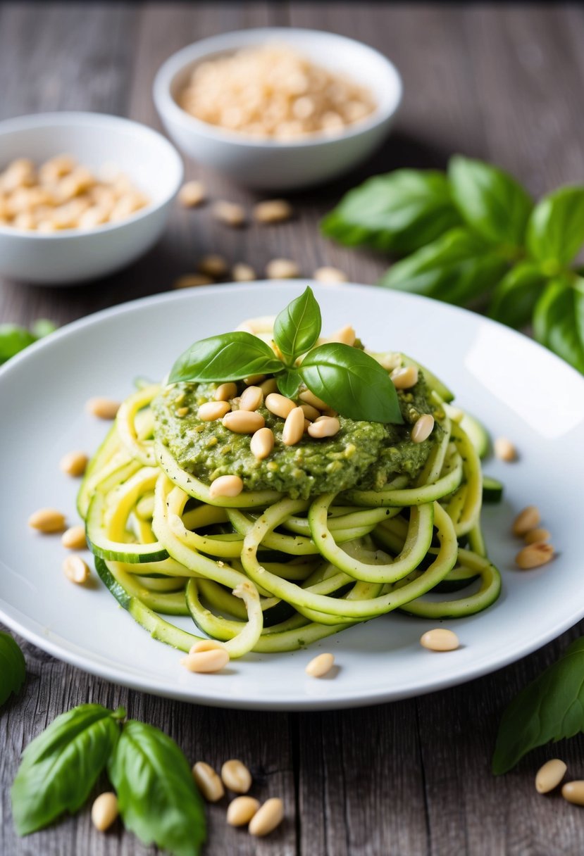 A plate of zucchini noodles topped with pesto sauce and garnished with pine nuts and fresh basil leaves