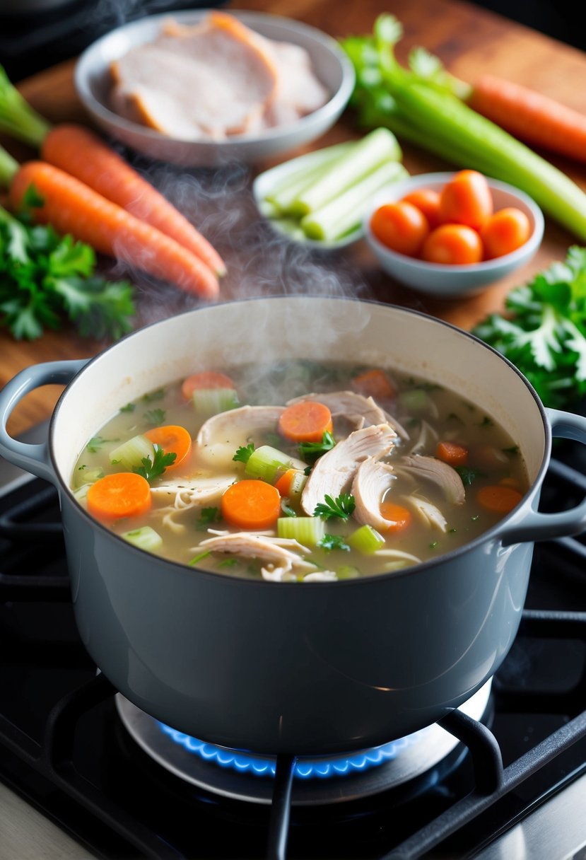 A steaming pot of turkey and vegetable soup simmers on a stove, surrounded by fresh ingredients like carrots, celery, and lean turkey meat