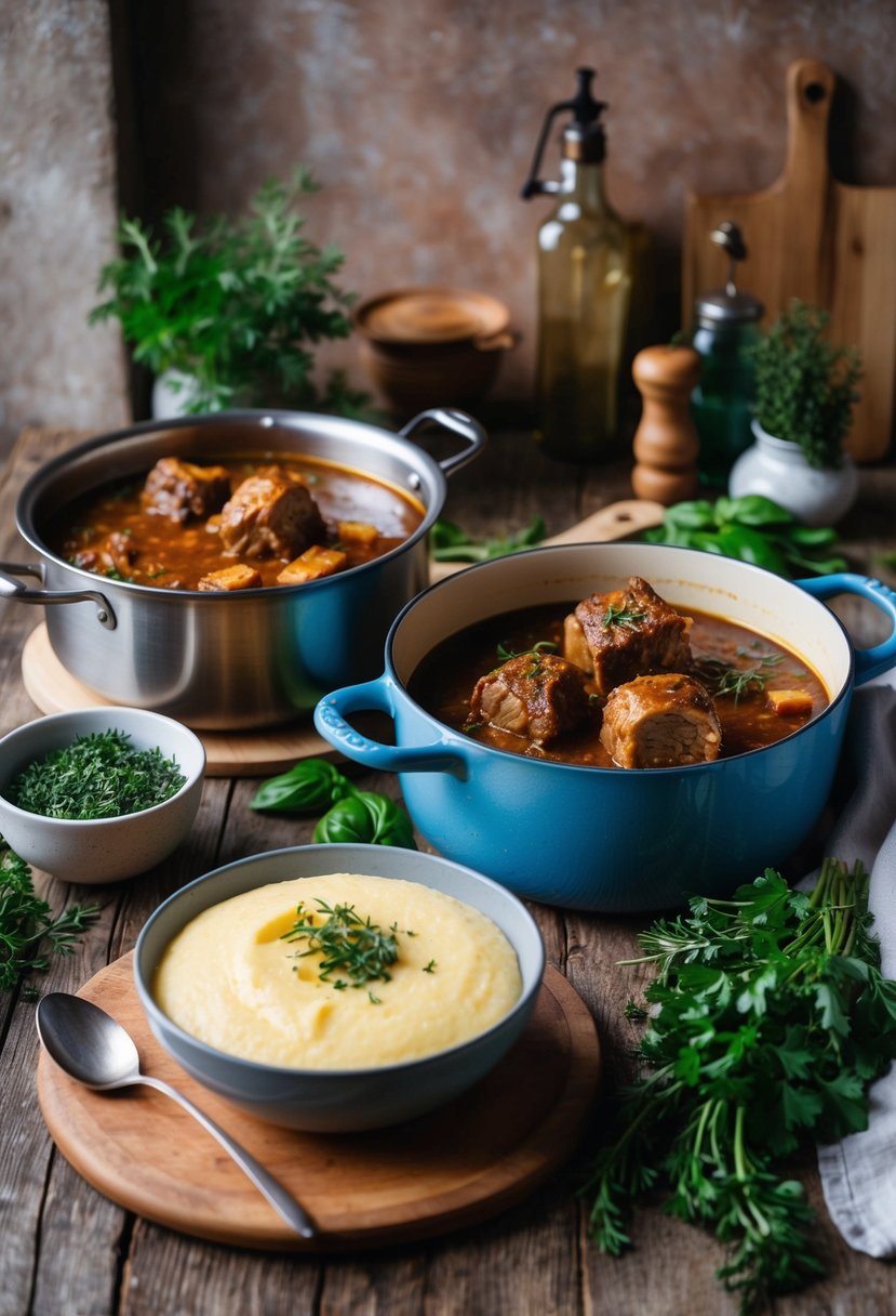 A rustic kitchen with a bubbling pot of Italian braised oxtail next to a creamy bowl of polenta, surrounded by fresh herbs and ingredients