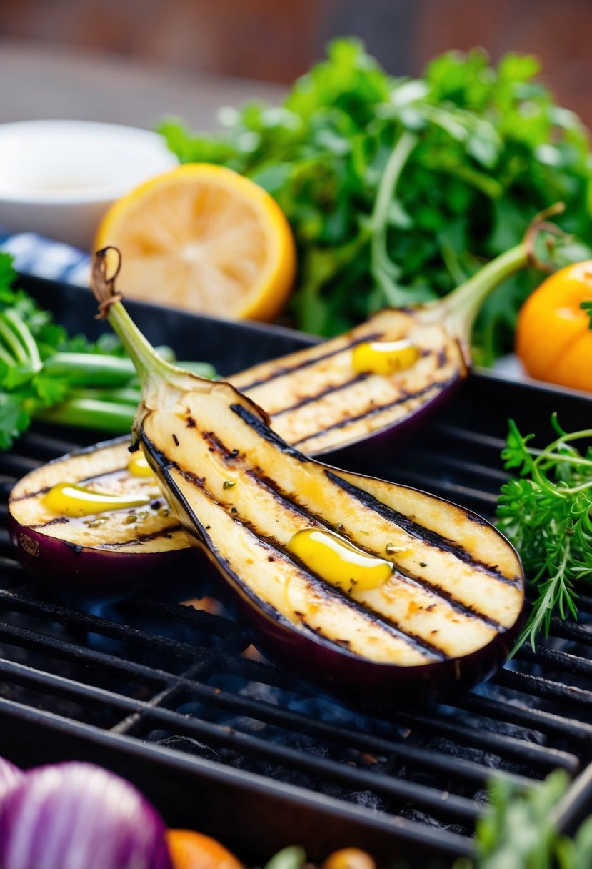 Sliced eggplant sizzling on a grill, with char marks and a drizzle of olive oil, surrounded by fresh herbs and colorful vegetables