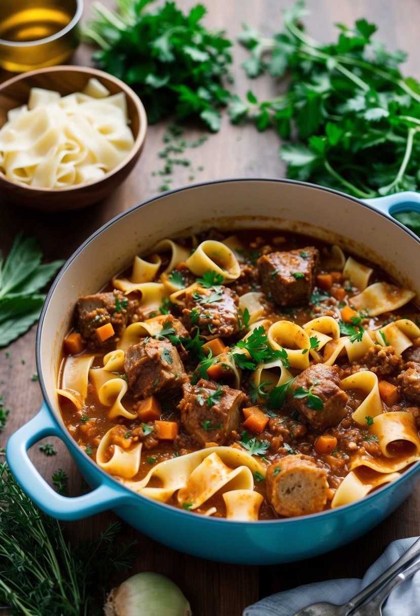 A simmering pot of oxtail ragu with pappardelle noodles, surrounded by fresh herbs and vegetables