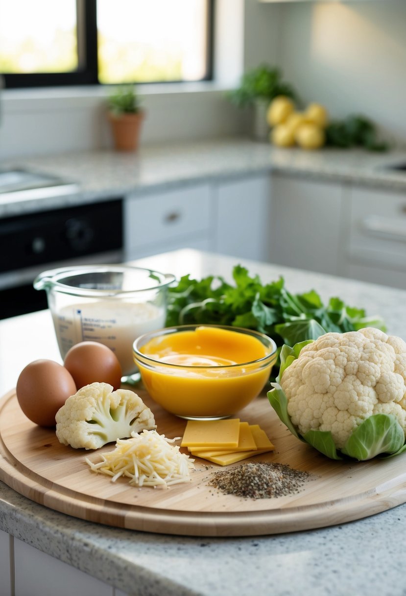 A kitchen counter with ingredients for cauliflower pizza crust: cauliflower, cheese, eggs, and seasonings