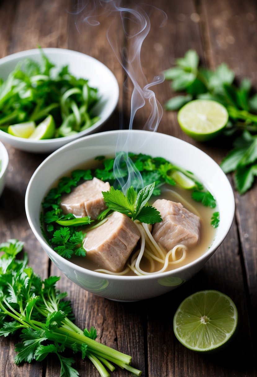 A steaming bowl of Vietnamese Pho with tender oxtail, surrounded by fresh herbs and lime wedges, on a rustic wooden table