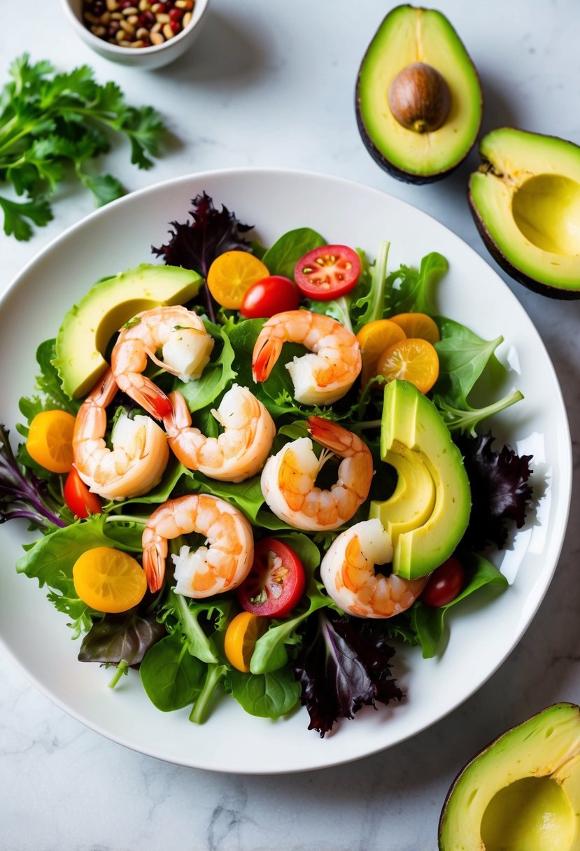 A vibrant, colorful salad arranged on a white plate, featuring succulent shrimp, ripe avocado slices, and fresh greens