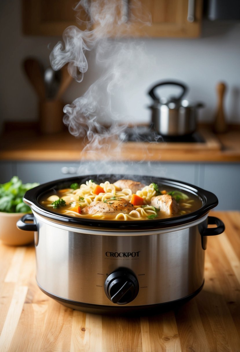 A crockpot simmering with chicken, vegetables, and noodles in a savory broth. Steam rises from the pot, filling the kitchen with a comforting aroma