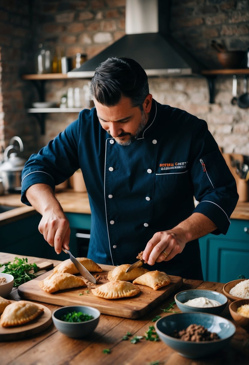 A chef preparing oxtail empanadas in a rustic kitchen with ingredients and utensils scattered around