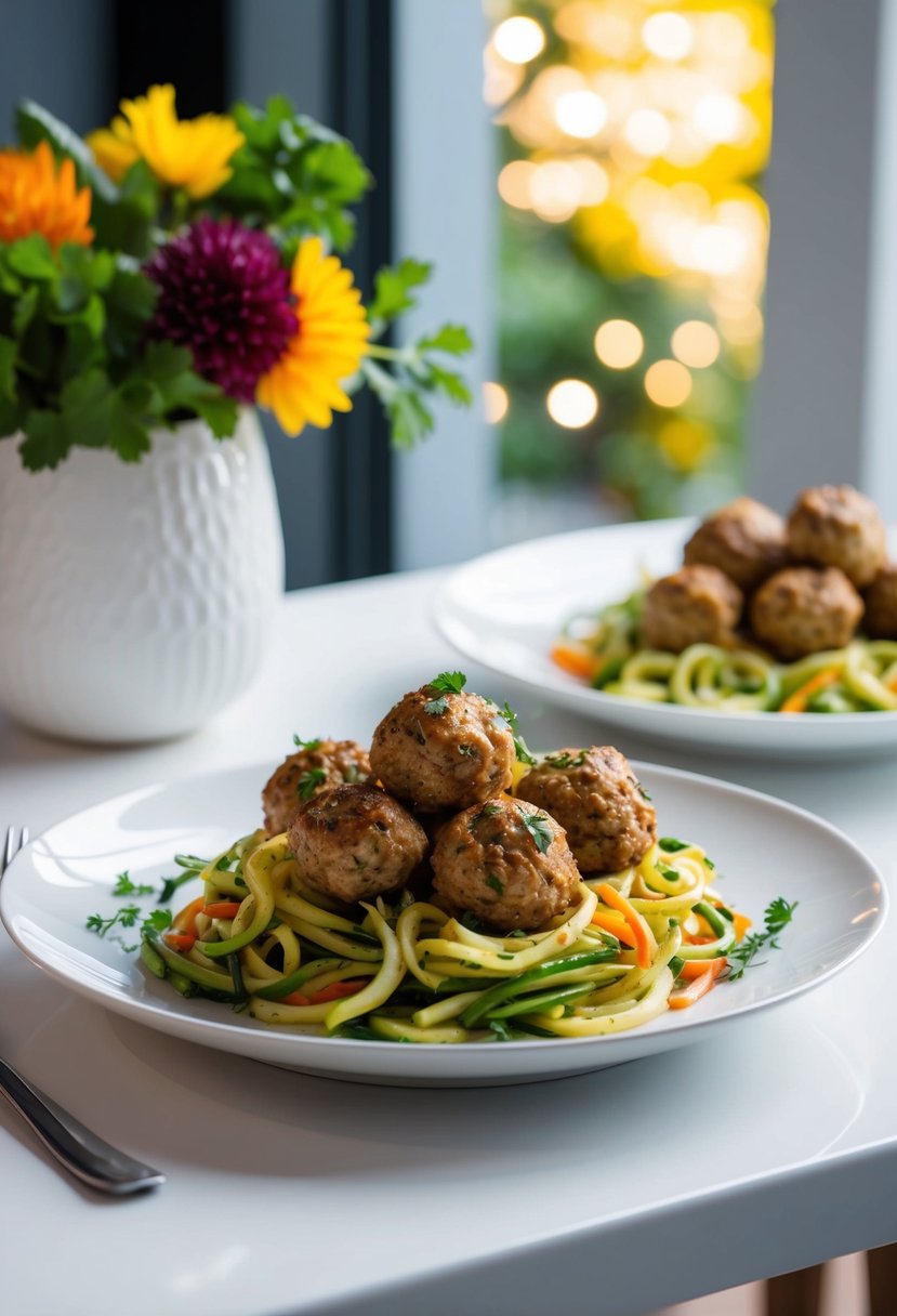 A plate of turkey meatball zoodles with colorful vegetables and herbs on a white, modern table setting