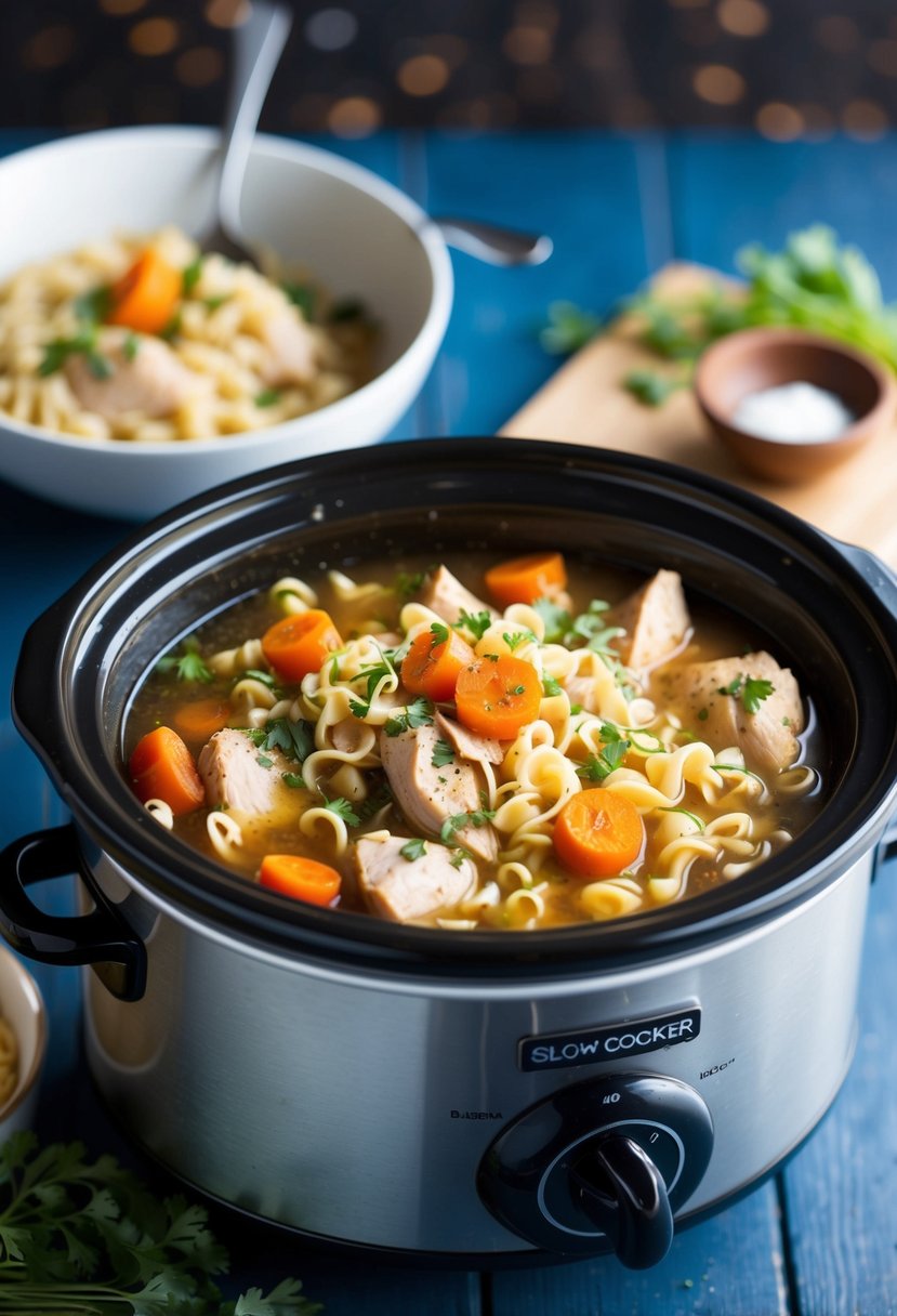 A bubbling slow cooker filled with chicken, carrots, and noodles in a savory broth