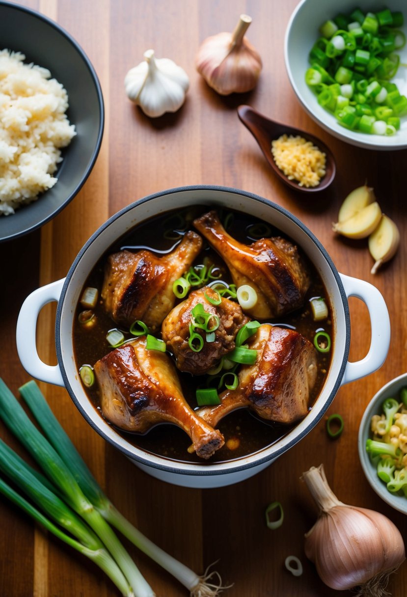 A bubbling pot of Korean braised oxtail surrounded by traditional ingredients like garlic, ginger, and green onions